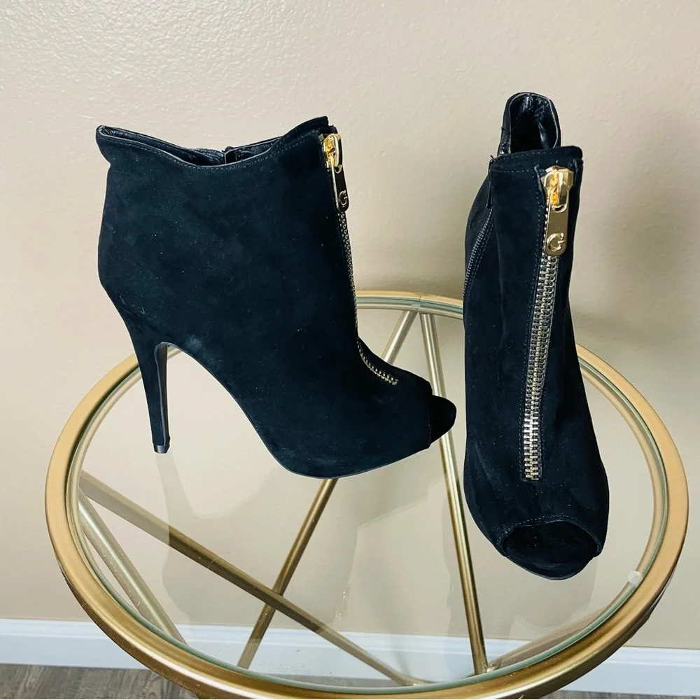 Guess Black Suede High Heels Peep Toe 4 Inch Zip Up Open Toe Heels 8 M New - Picture 3 of 10